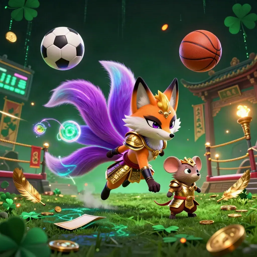 Neon fox spirit and armored mouse amid sports balls, gold sparks, and casino glow.