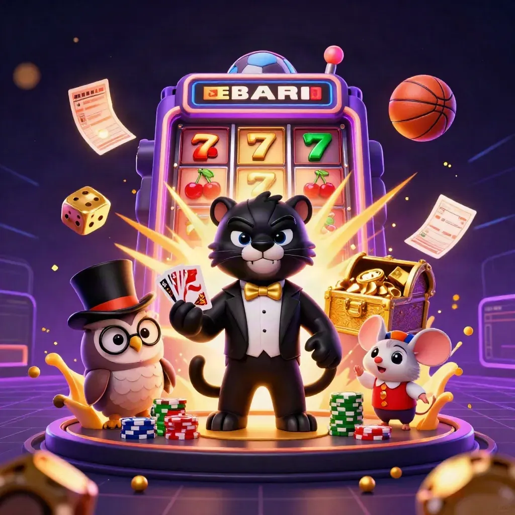 Panther, owl and mouse amid exploding slot rays, gold, chips, soccer ball and basketball in neon casino glow