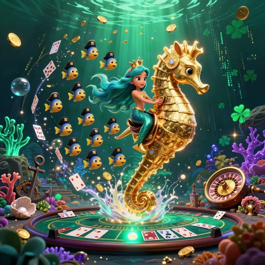 Mermaid princess rides an armored seahorse amid casino treasures, cards, coral, and neon underwater light.
