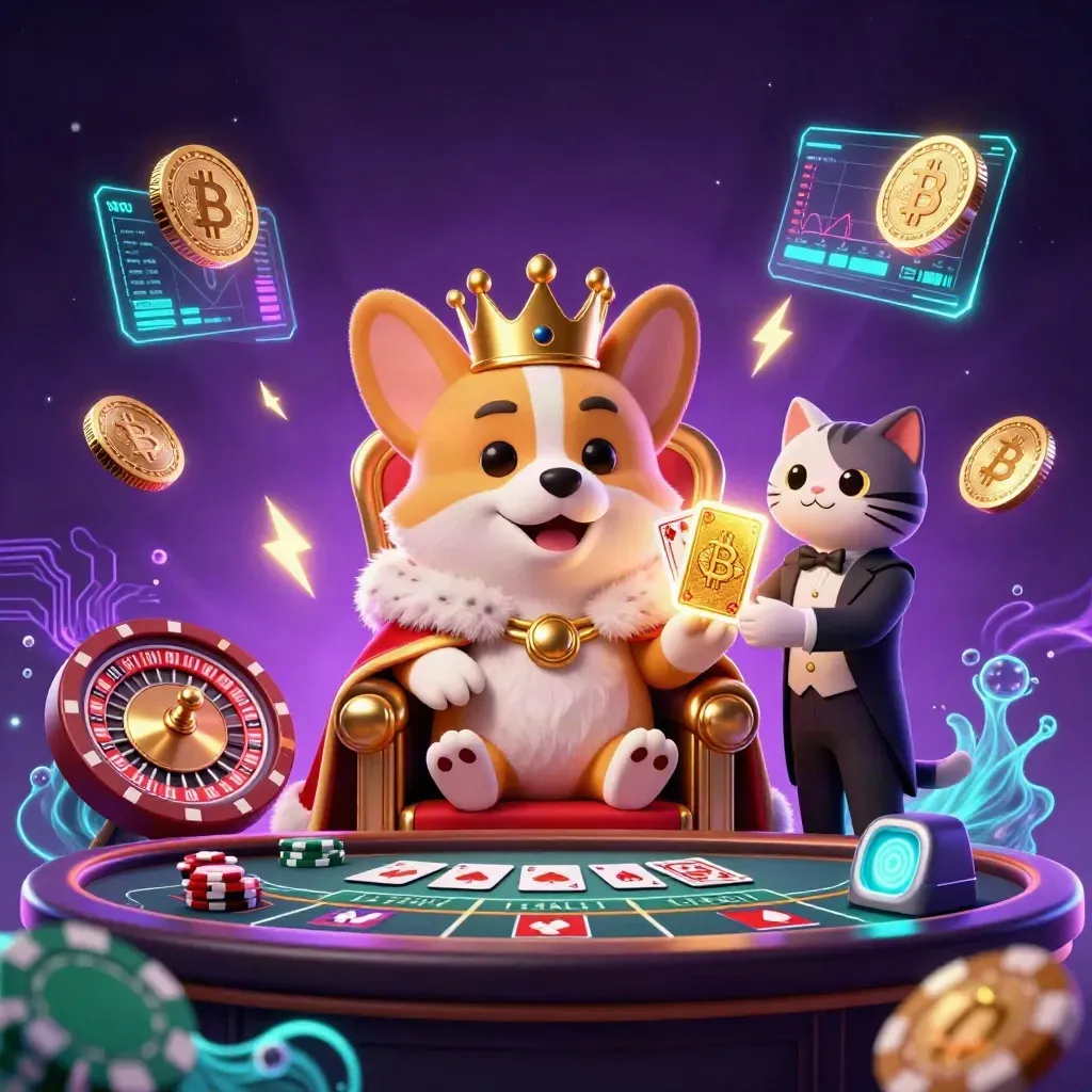 Crowned corgi and cat butler amid neon casino magic, coins, lightning, roulette, and purple-gold glow.