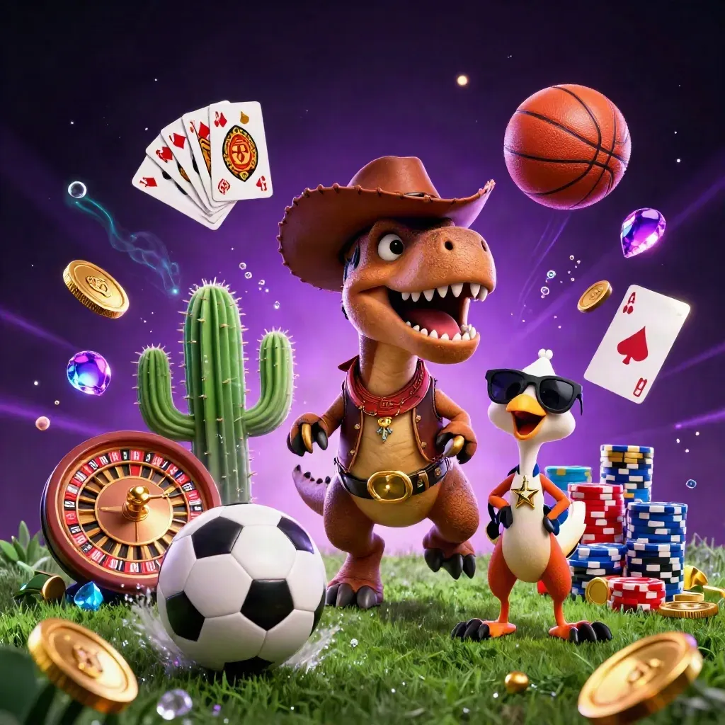 Cowboy T-Rex, cactus, and roadrunner amid casino bursts, coins, cards, and neon glow.
