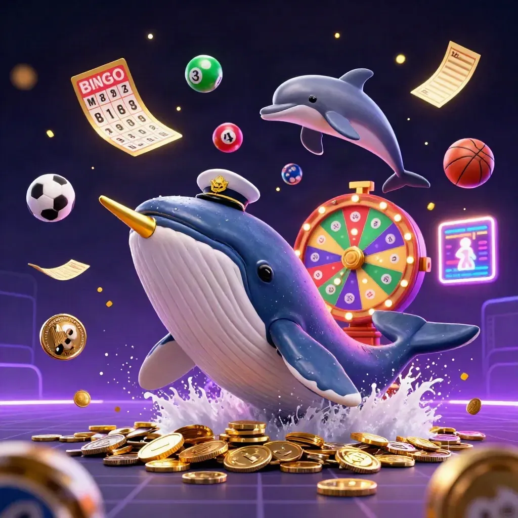 Whale captain, narwhal, and dolphins burst through coins with casino lights and flying chips