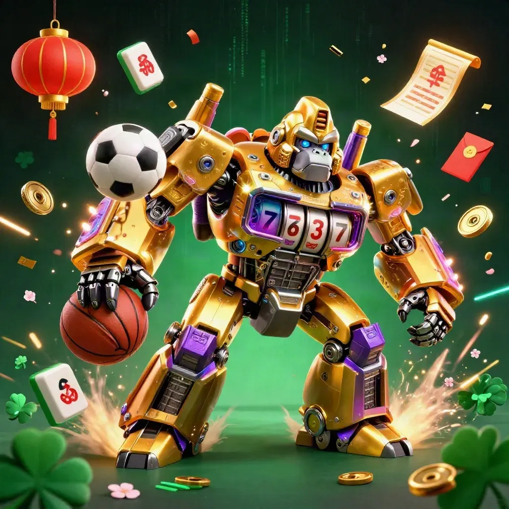 Golden gorilla mech, monkey pilot, flying soccer ball and basketball amid casino neon chaos.