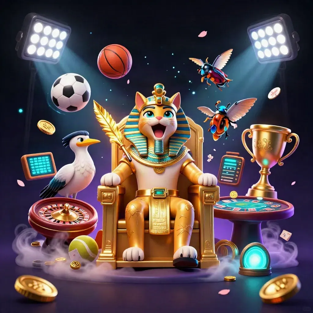 Pharaoh cat, ibis scribe, gem-wing scarabs amid casino and sports glow