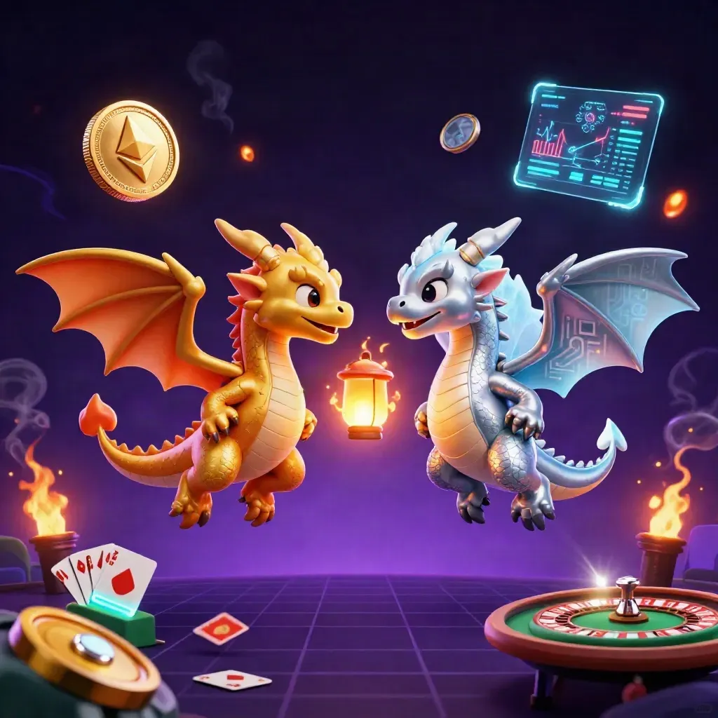 Twin gold and silver dragons orbit a lantern spirit amid casino and crypto glow.
