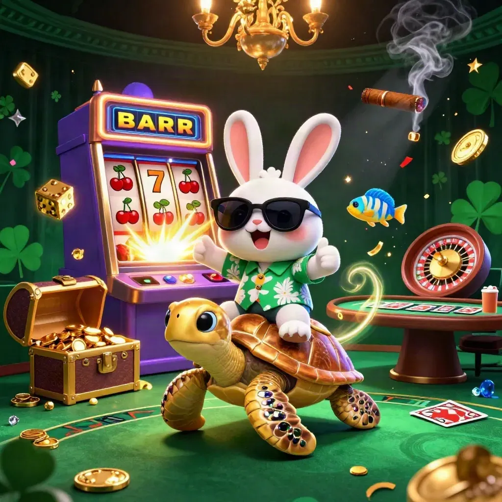Rabbit on golden turtle in neon casino room with slot, dice, roulette, confetti, and fireworks.