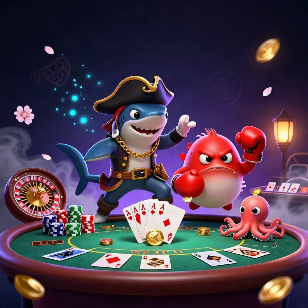 Shark pirate, boxing pufferfish, and juggling octopus over a neon casino table.