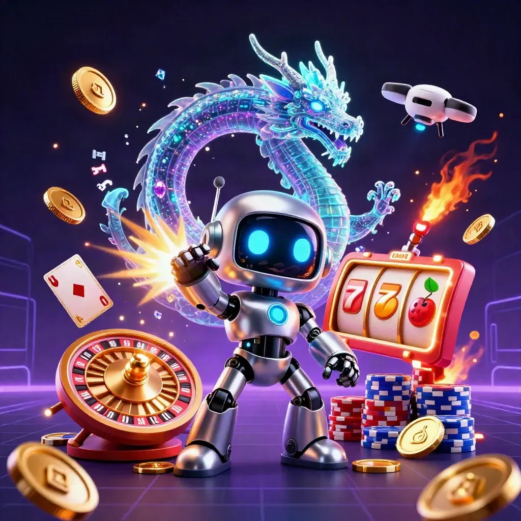 Cyberpunk robot, holographic dragon, and coin drone amid gold coins, chips, cards, and neon casino glow.