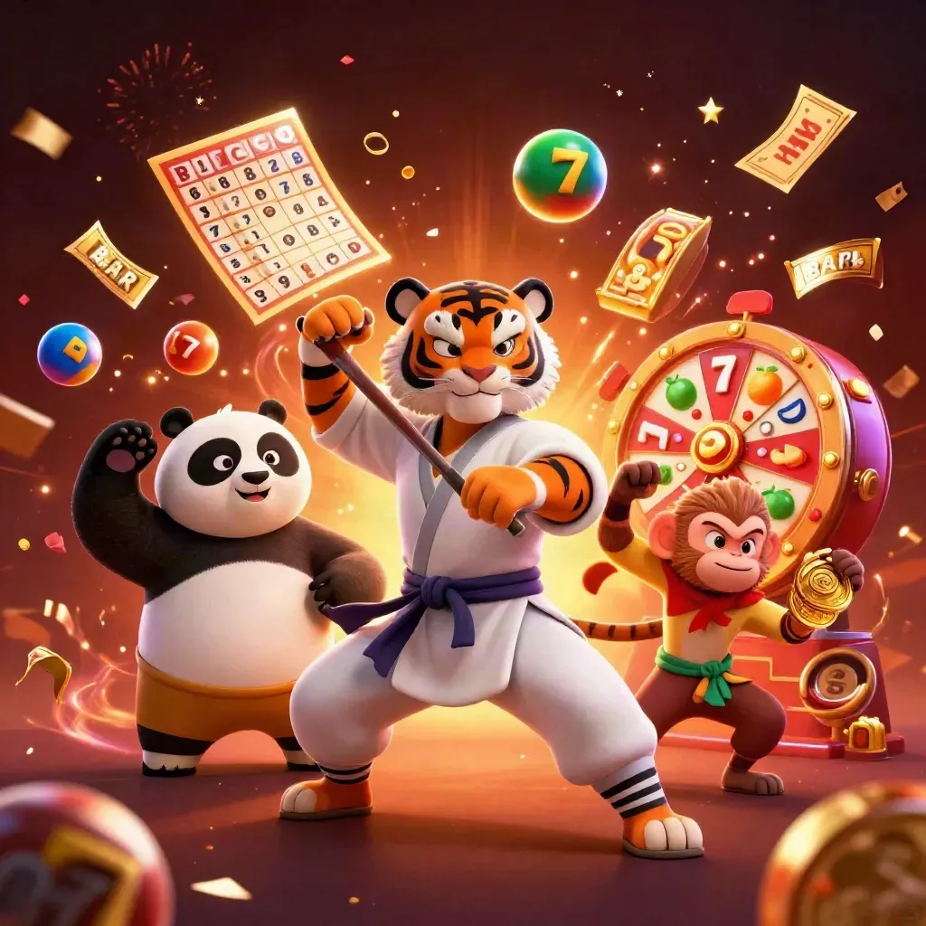 Tiger master, panda disciple, and monkey thief amid casino charms, fireworks, and gold confetti.