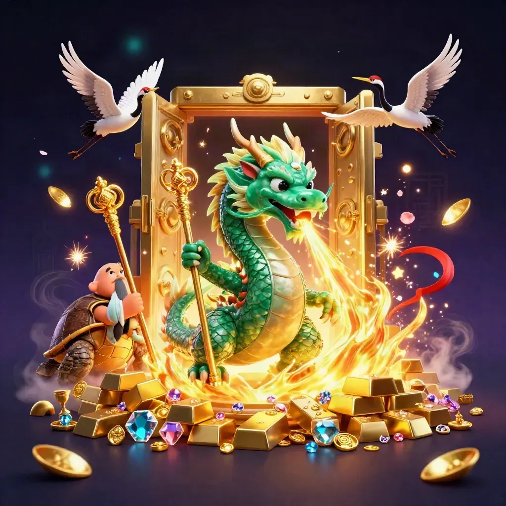 Emerald dragon, turtle sage, and cranes burst from a golden vault amid gems and fire.