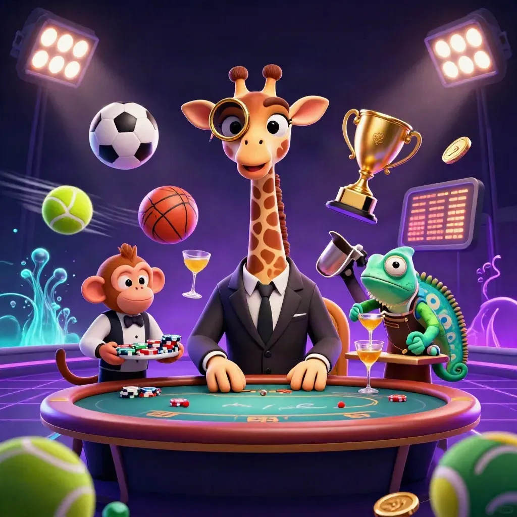 Luxury giraffe, monkey valet, and chameleon bartender with gold treasure, sports balls, and neon casino glow.