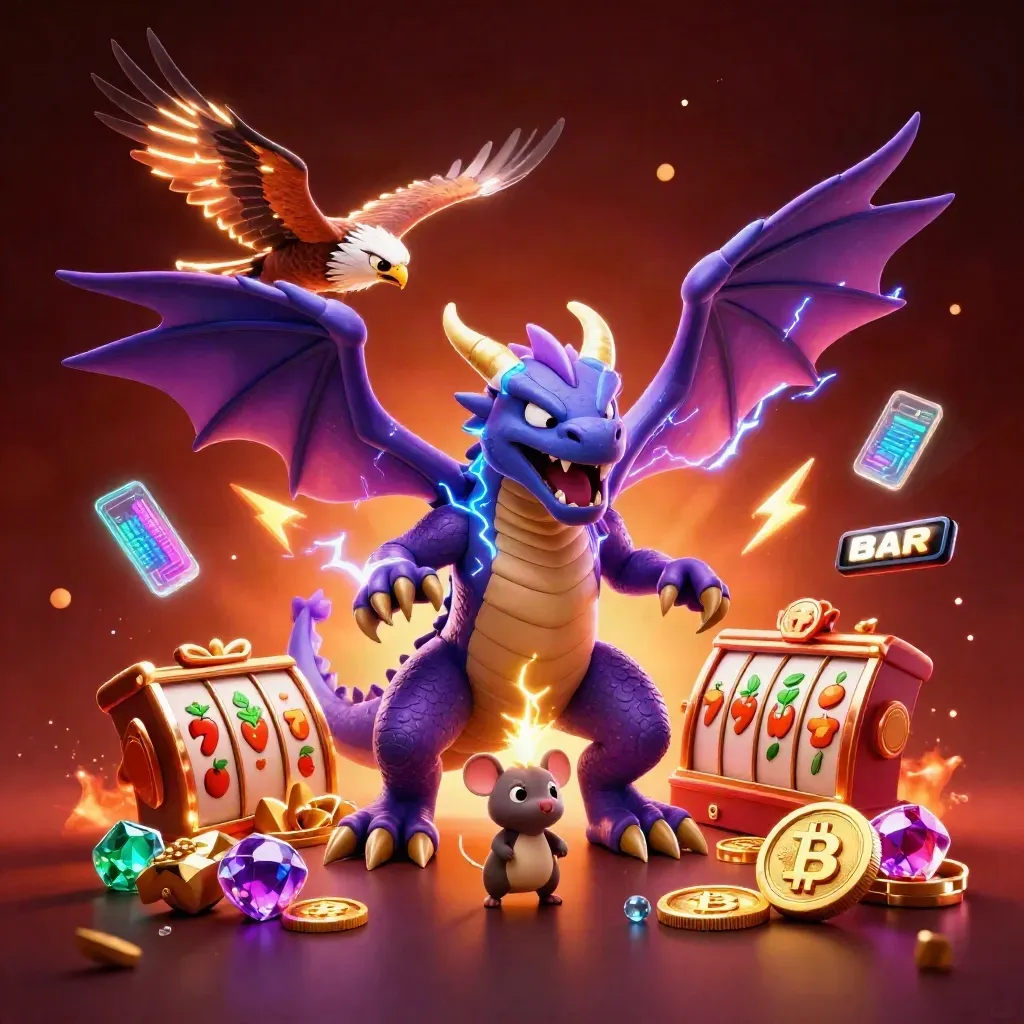 Thunder dragon, wind hawk, and thunder-mouse amid glowing coins, gems, and lightning