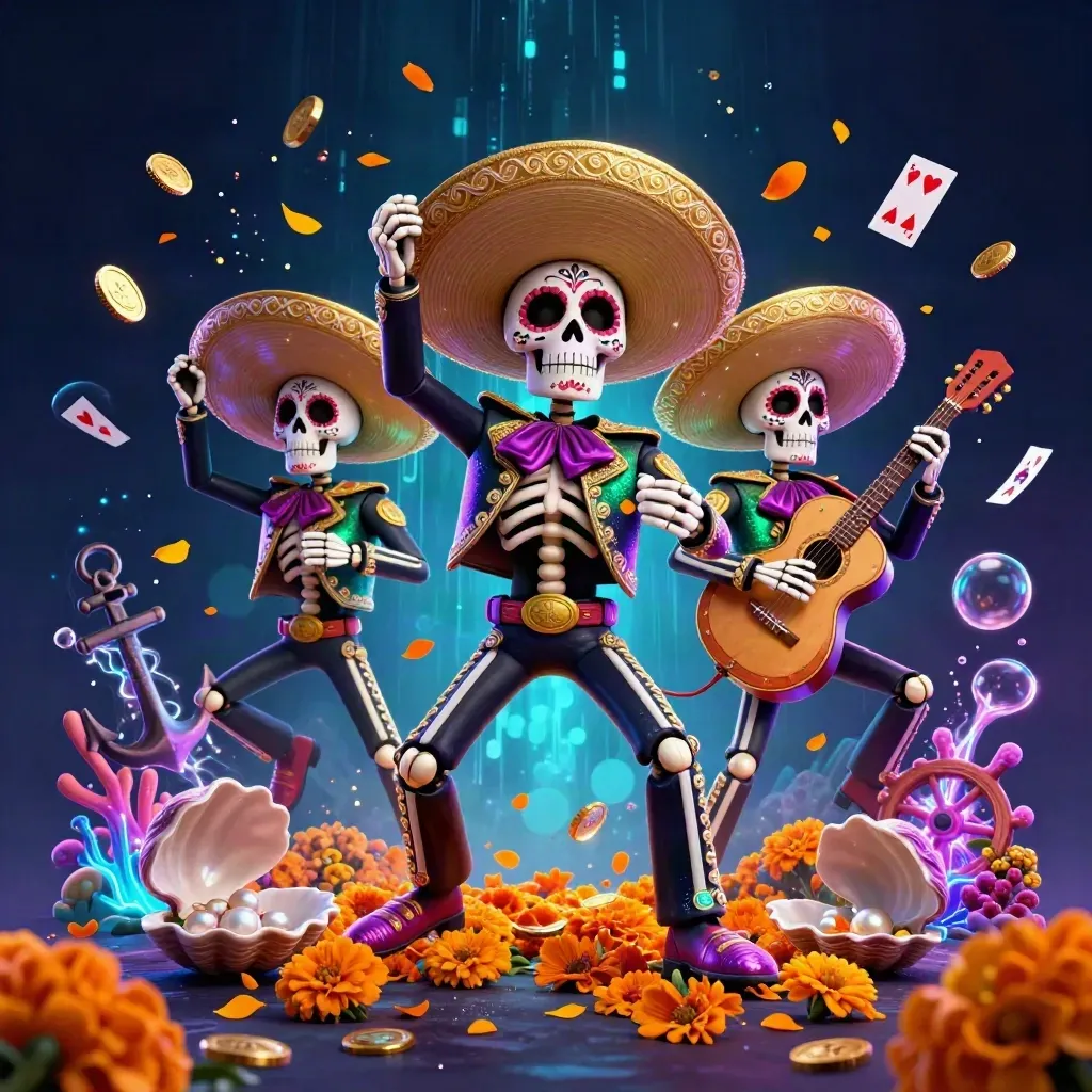 Skeleton mariachi trio in a neon treasure cove with gold coins, coral, bubbles, and electric glow.