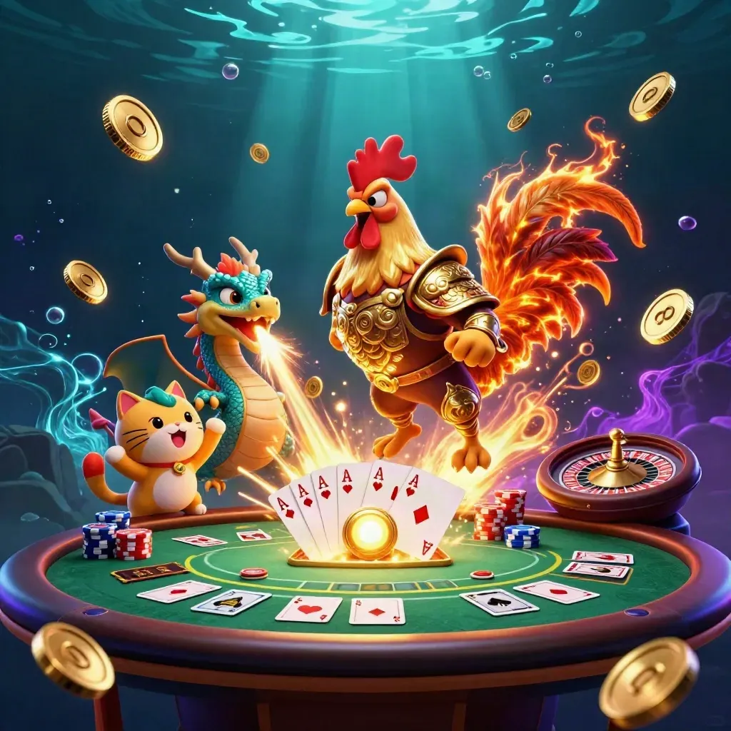 Rooster warrior, dragon hatchling, and fortune-cat amid coins, chips, cards, and casino fireworks