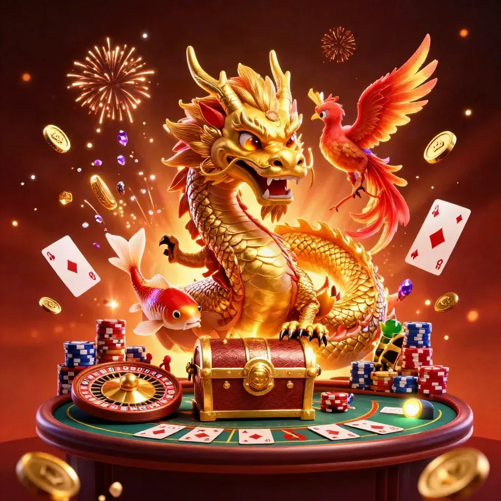 Golden dragon, phoenix, koi, coins, roulette wheel and chips erupt in luxe casino glow.