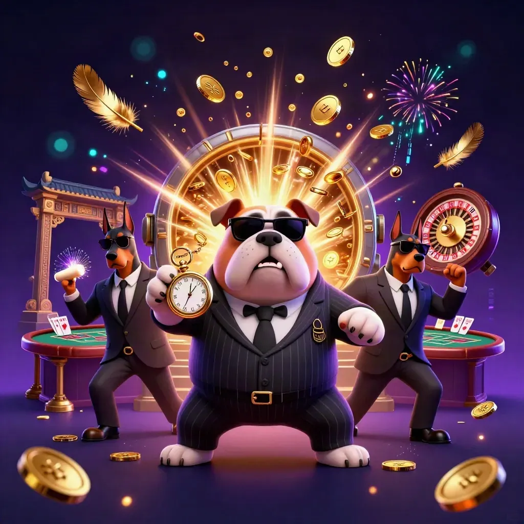 Bulldog boss with Doberman bodyguards amid vault coins, fireworks, roulette, and casino tables