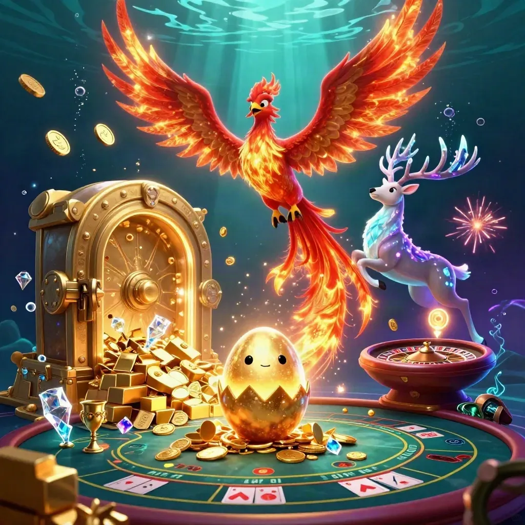 Phoenix, hatching egg, and crystal stag amid exploding vault gold and casino glow