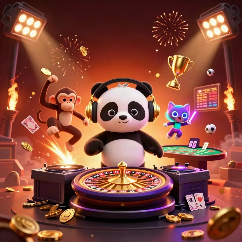 Panda DJ, dancing monkey, and glow kitten amid casino coins, vault burst, fireworks, and neon lights