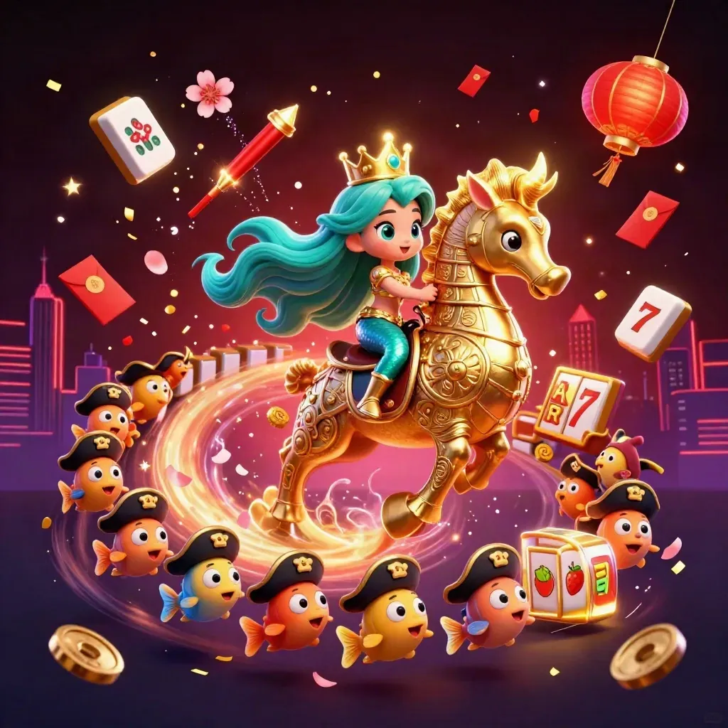 Mermaid princess on golden seahorse amid pirate fish, casino reels, coins, lanterns, fireworks, and neon glow.