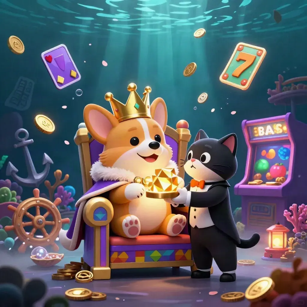 Crowned corgi and cat butler on poker-chip throne amid glowing underwater casino treasure