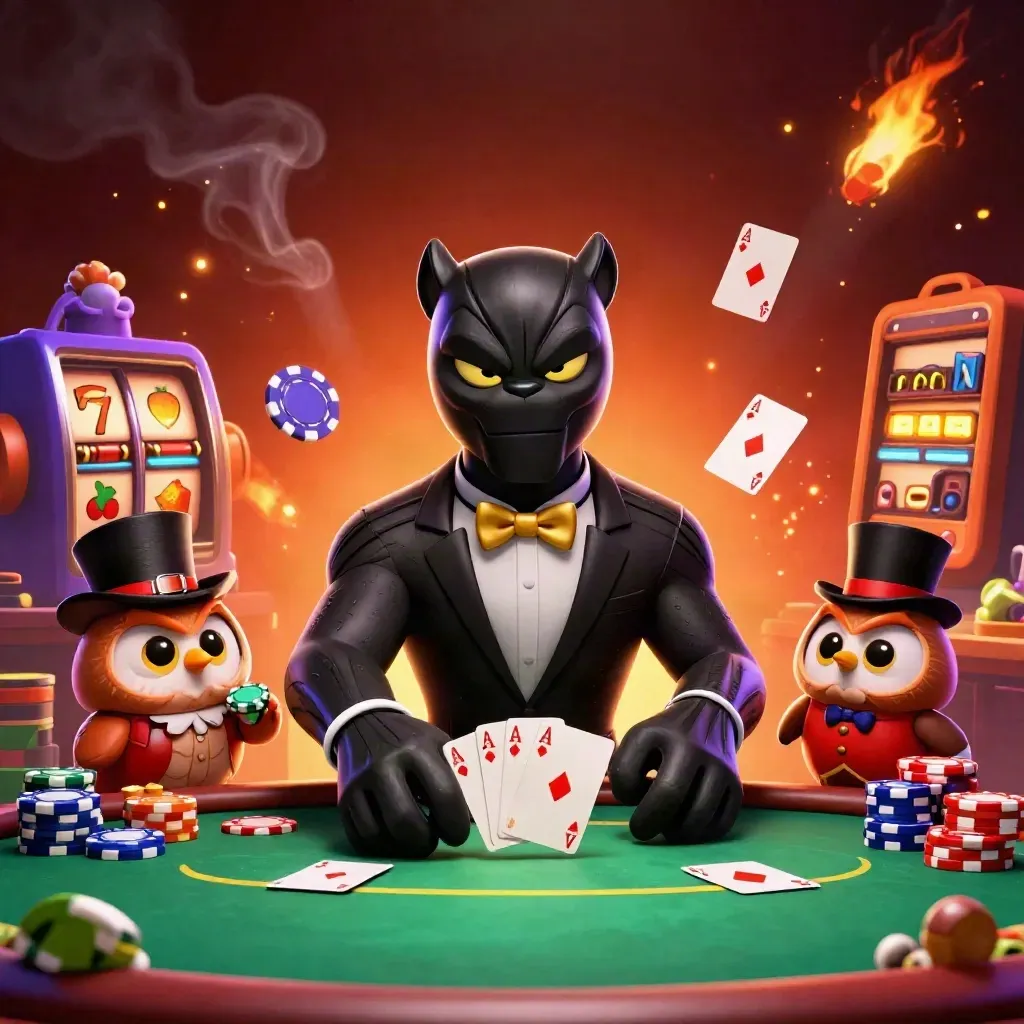 Black panther, owl and mouse in a neon casino card scene with chips, aces and slot reels