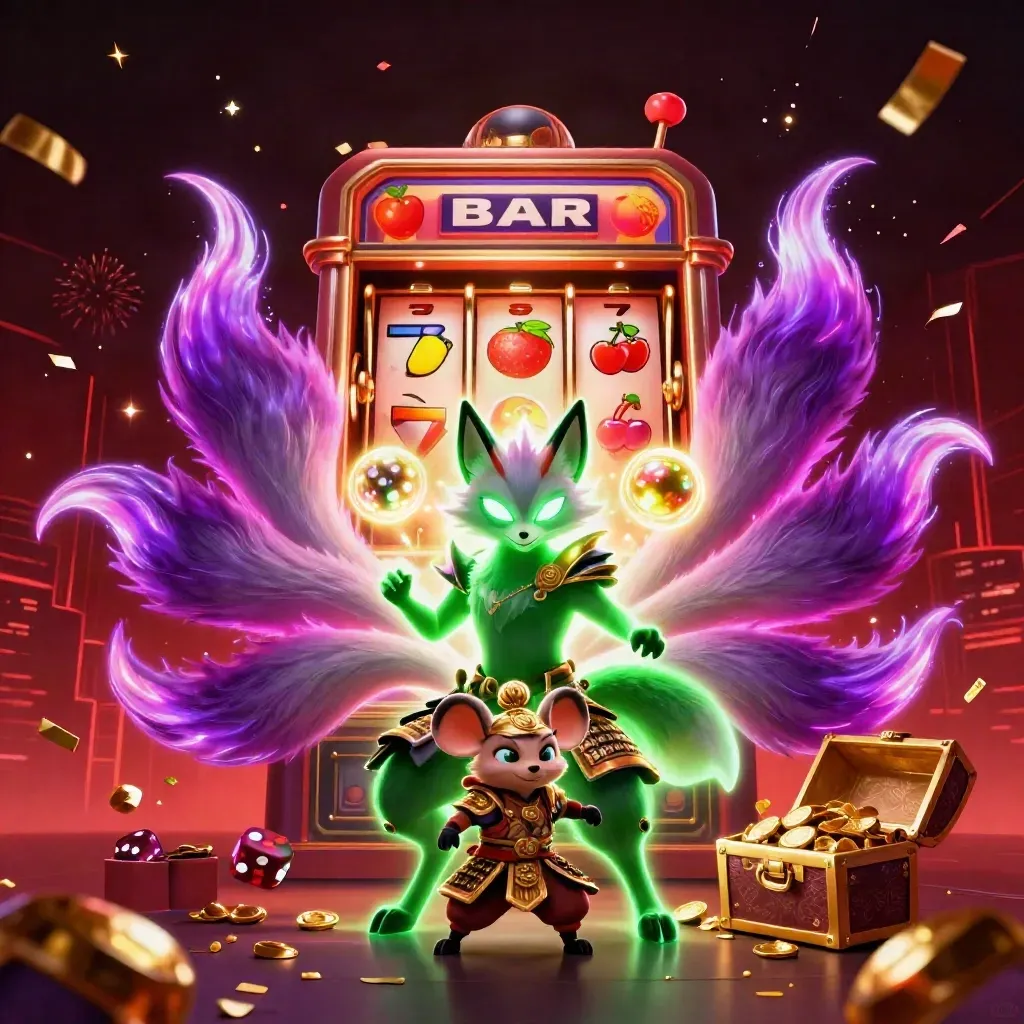 Nine-tailed fox spirit and armored mouse amid casino bursts, gold rays, reels and neon glow.