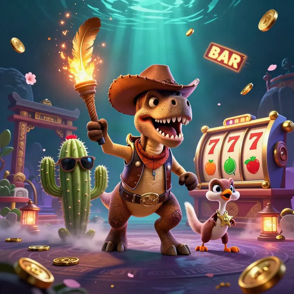 Cowboy T-Rex, cactus sidekick, and sheriff roadrunner amid casino and temple glow.