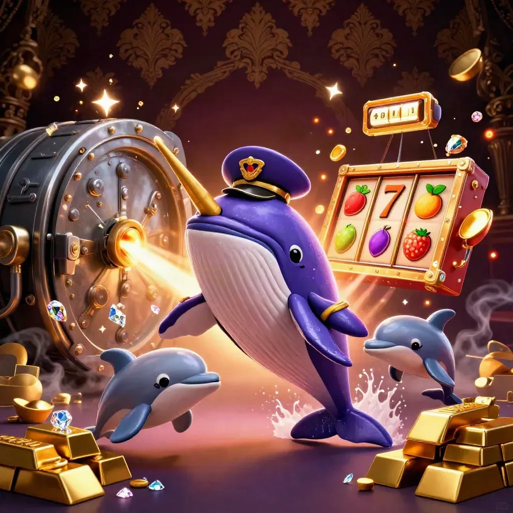 Whale captain, narwhal, and dolphins burst through gold coins with vault light and casino loot.